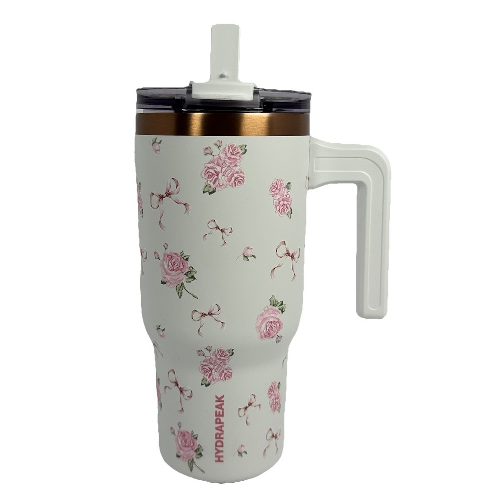 Hydrapeak Tumbler Pink Roses Bow Floral Cup Handle Straw Lid 28oz
